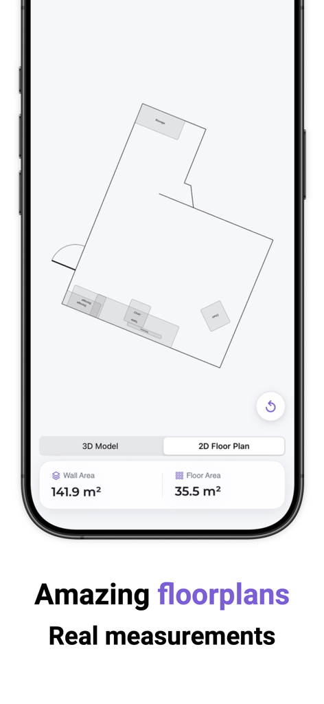 Interfaz de la aplicación Roomify mostrando un plano 2D preciso con mediciones de área de pared y suelo