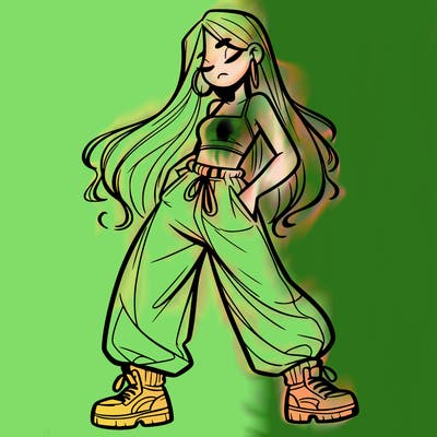 girl in baggy pants crop top and long hair