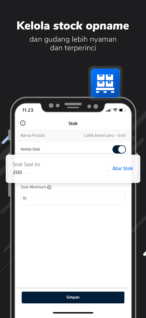 POST. - Aplikasi Kasir - Inventory management screen in the POST. POS app showing stock levels for a cafe product