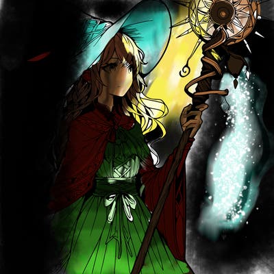 a realistic fantasy manga witch with a staff