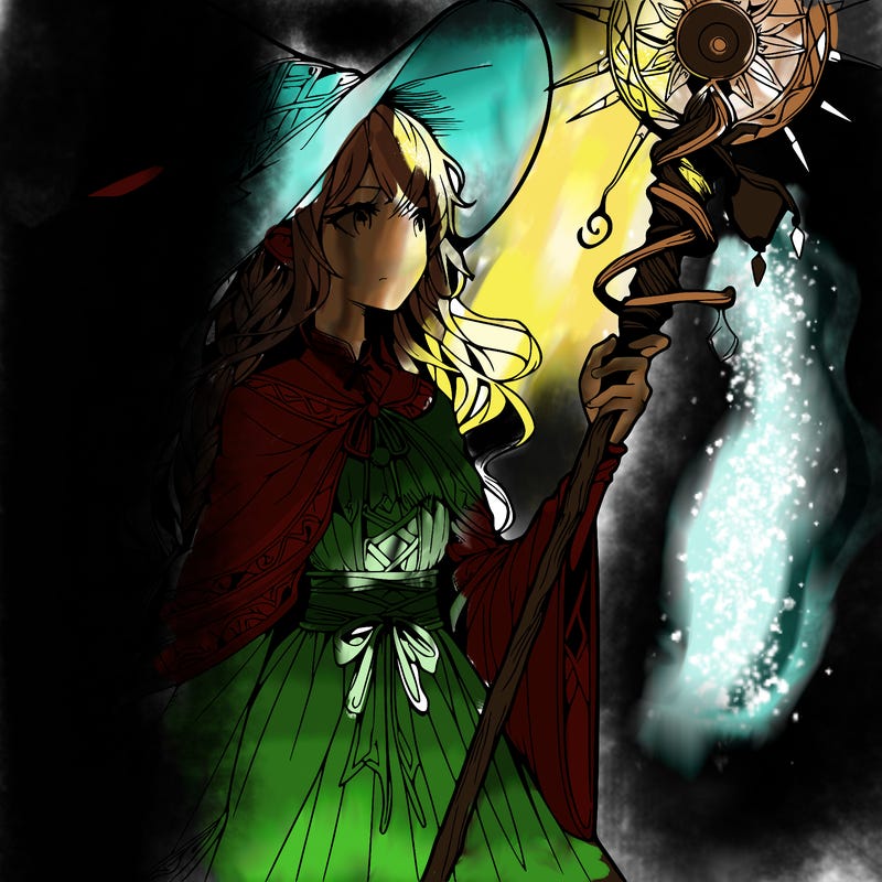 a realistic fantasy manga witch with a staff