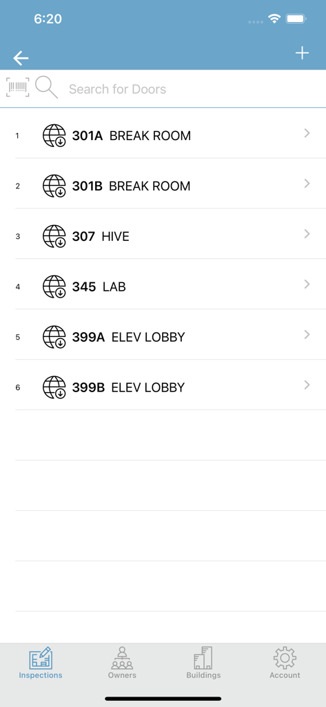 DOORDATA - DOORDATAアプリのドア検査リスト画面。特定の部屋の場所とIDが表示されています。