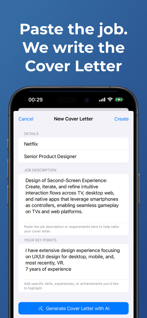 Resume Creator & Cover Letter - Smartphone-Oberfläche zur Erstellung eines personalisierten Anschreibens mit KI unter Verwendung einer Stellenbeschreibung und wichtiger Punkte.