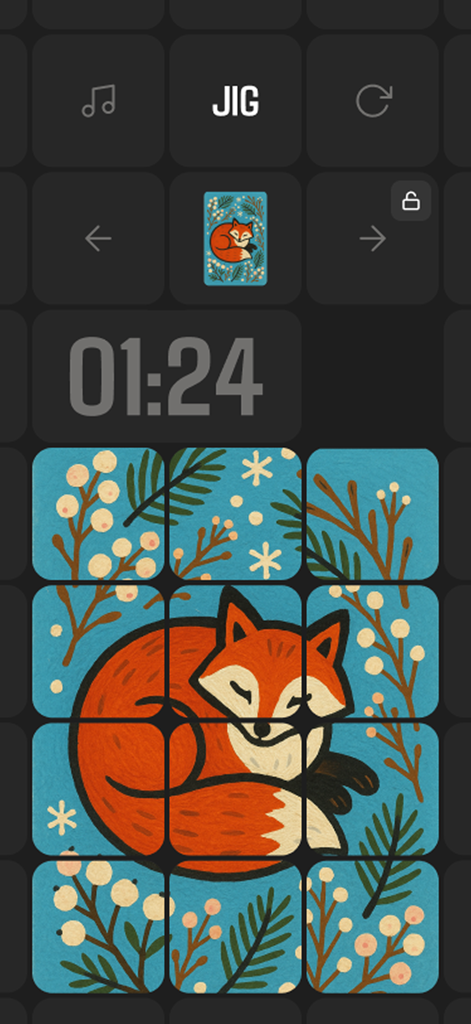Minimalist sliding puzzle game interface featuring a sleeping fox illustration and a digital timer.