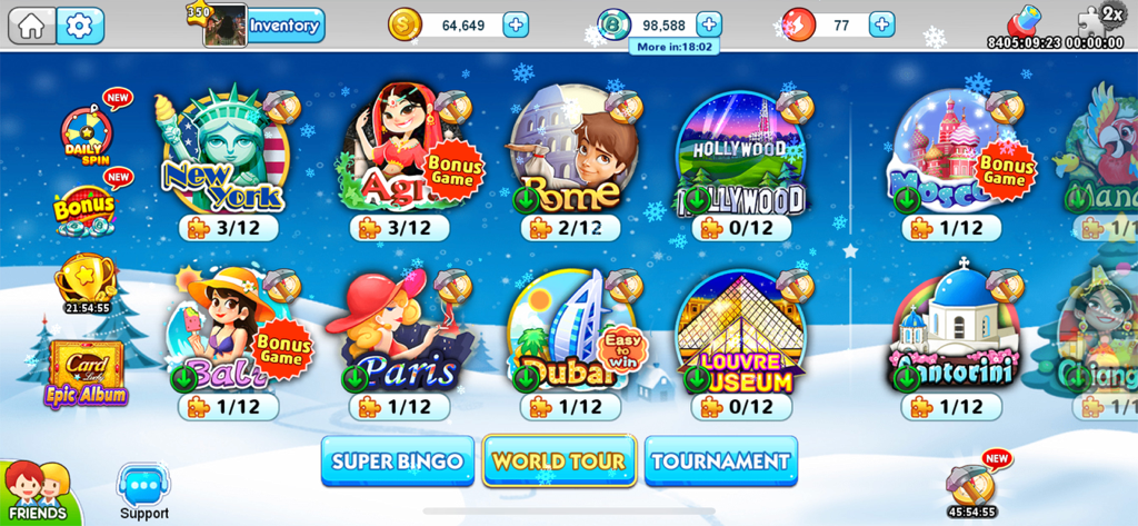 Bingo Holiday - BINGO Games - Pantalla de menú de la Gira Mundial de Bingo Holiday que muestra iconos de varias salas de bingo temáticas de ciudades como Nueva York, París y Roma