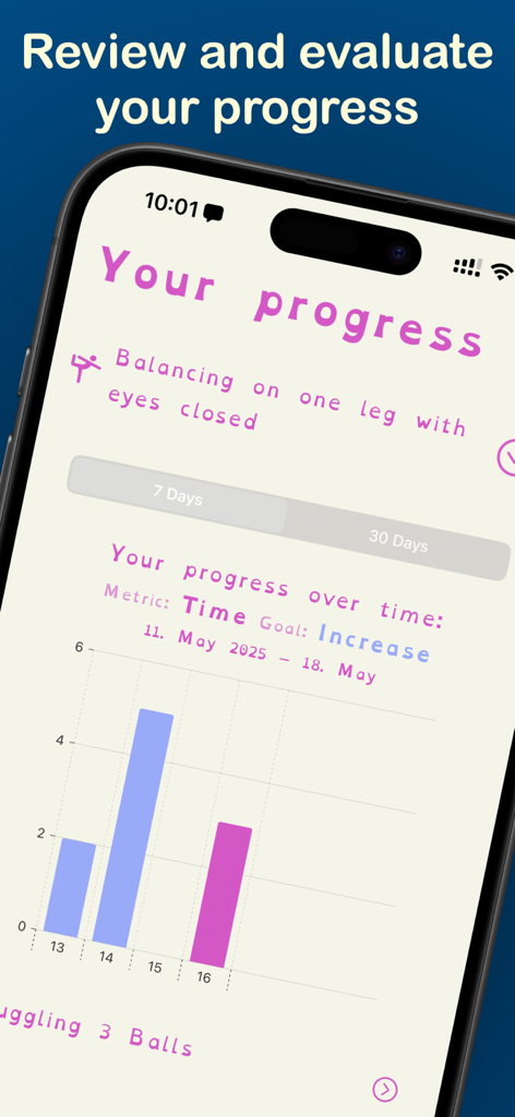 A bar chart in the New Skills Everyday app showing a user's progress over time for a balance skill.