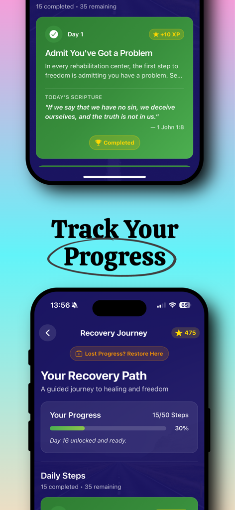 CLNSR: Quit Porn with Christ - Interface do aplicativo CLNSR mostrando o progresso da jornada de recuperação e passos diários baseados nas escrituras.
