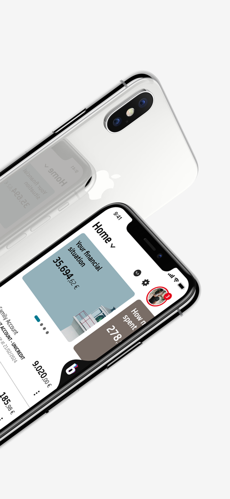 UniCredit mobile banking app home screen showing financial overview and account balance on two iPhones