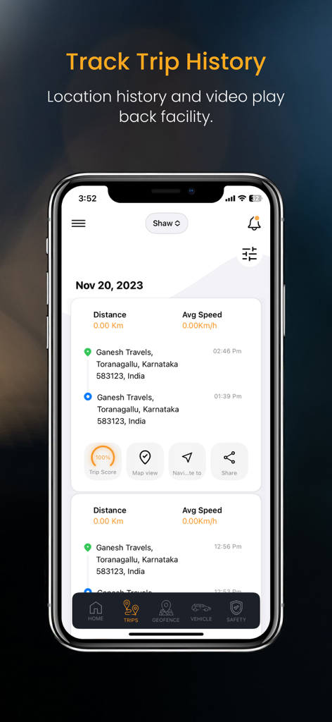 Carot - Upgrade to a Smart Car - Interface of the Carot app showing trip history and vehicle tracking data