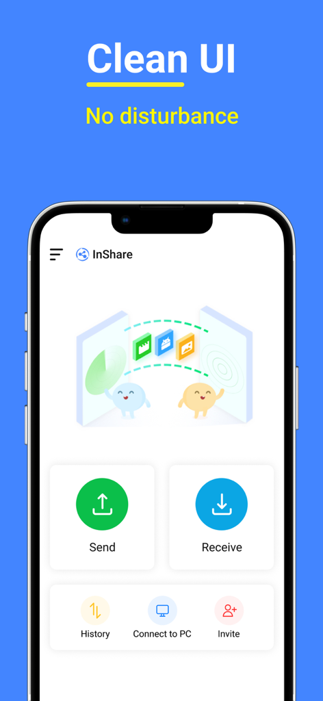InShare - File Sharing - Smartphone showing the clean main interface of the InShare file sharing app with send and receive buttons