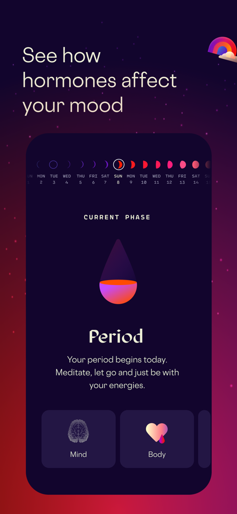 Stardust Period Tracker - Interfaz de la aplicación Stardust que muestra información de seguimiento de hormonas y estado de ánimo para el inicio de un período.