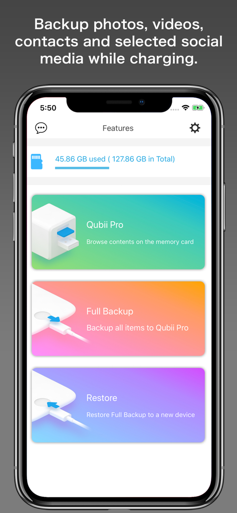 Interface of the Qubii Pro app on an iPhone showing options for full backup and one-button restoration.