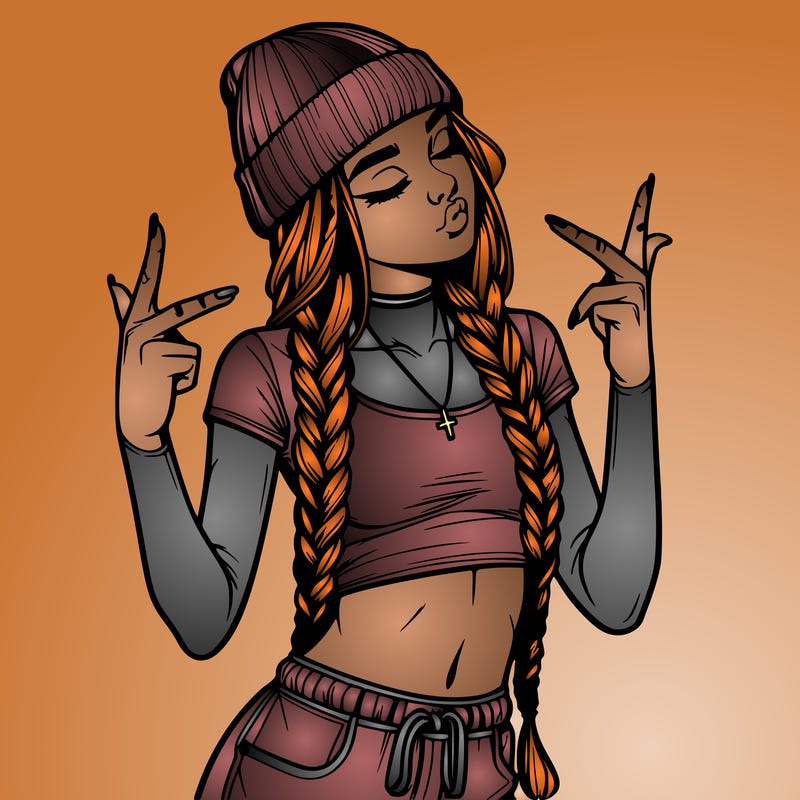 realistic teenage girl with braids and a beanie and crop top doing 🫶🏼