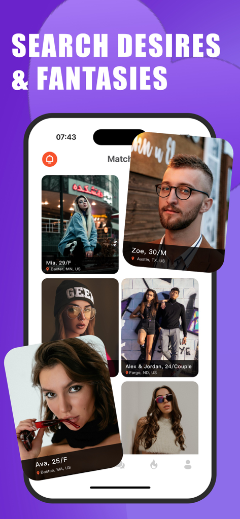 Casual Swinger Dating App-BRIO - Pantalla de la aplicación BRIO que muestra diversos perfiles de usuario y una función de búsqueda de deseos y fantasías