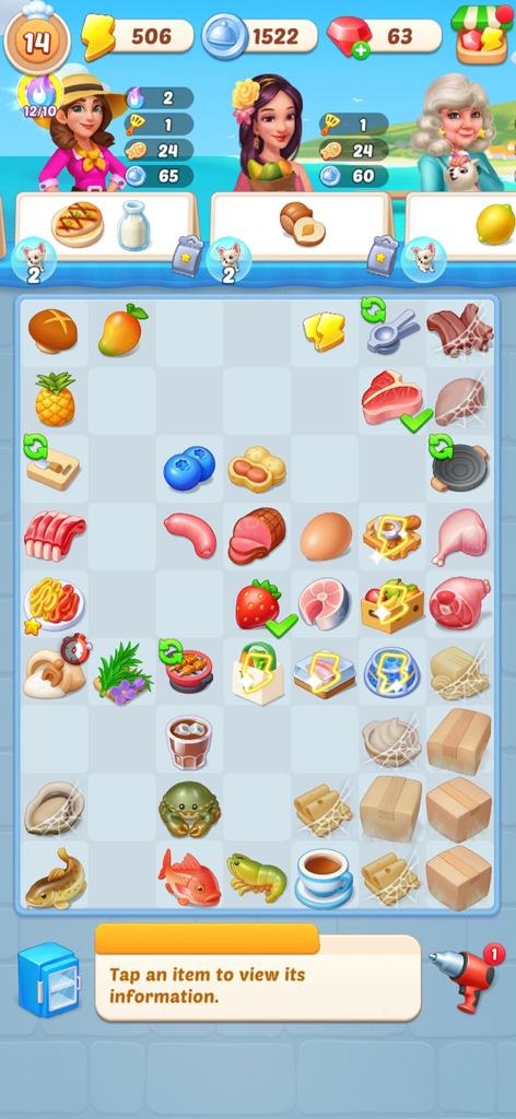 Happy Cooking Merge - Gameplay screen of Happy Cooking Merge showing a puzzle grid with various food items and customer orders