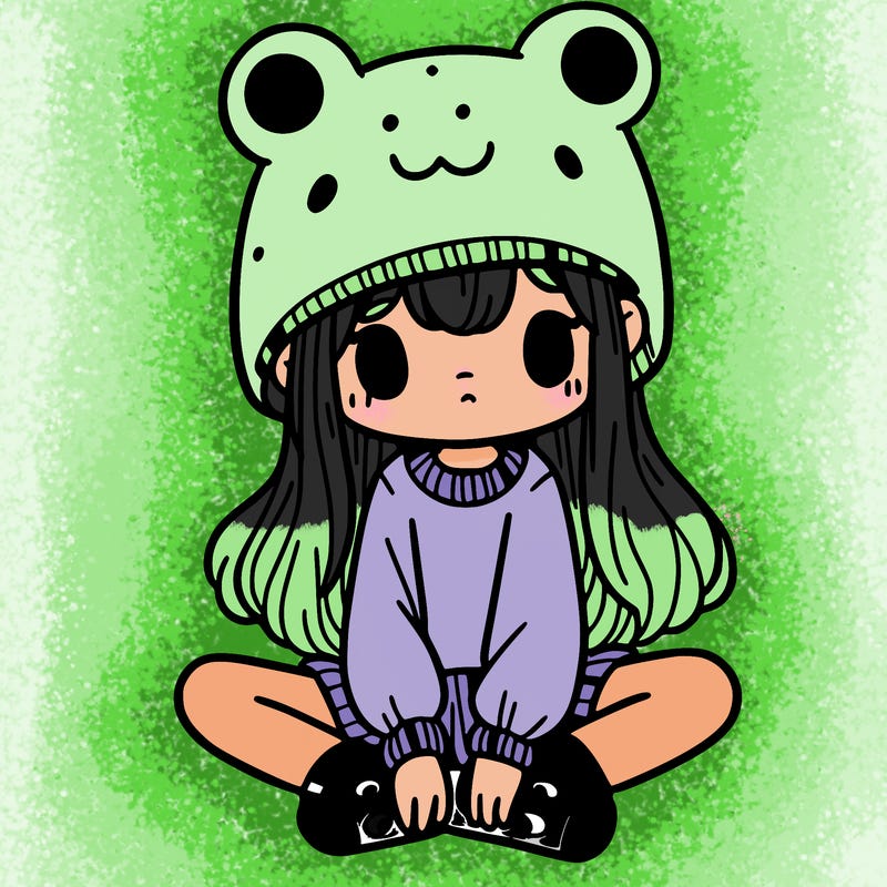 a girl wearing a frog hat and some frog socks