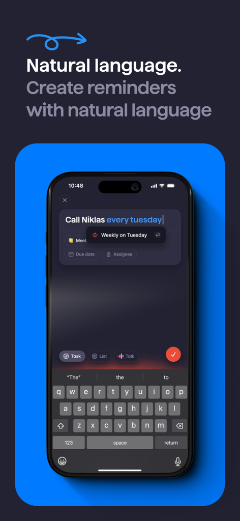 Superlist: To-Do List & Tasks - iPhone screen showing the Superlist app using natural language to create a weekly recurring task