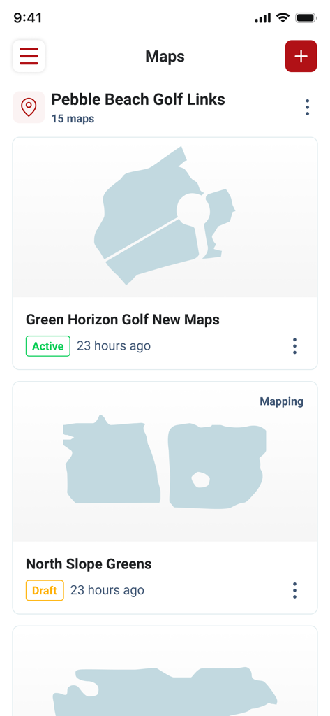 Kress Fleet - Kress Fleet mobile app showing a list of digital mowing maps for professional turf management
