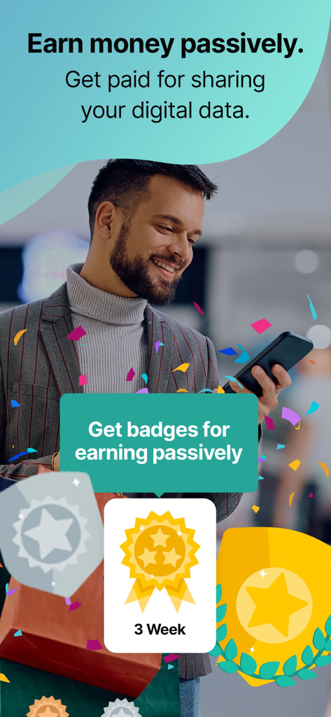 Surveys On The Go - A man smiling while using his phone to earn passive income and reward badges on the Surveys On The Go app.