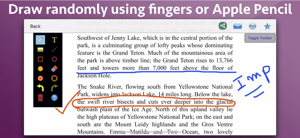 Photo Markup - Draw & Annotate - Interface of Photo Markup app showing text annotated with blue underlines and orange circles