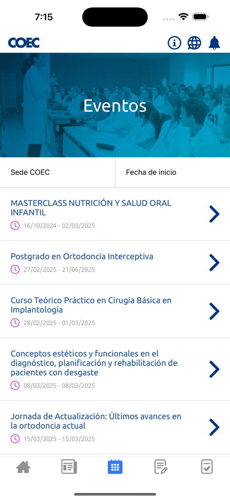 COEC APP - Liste der professionellen Zahnarztveranstaltungen und Kurse in der mobilen COEC-App