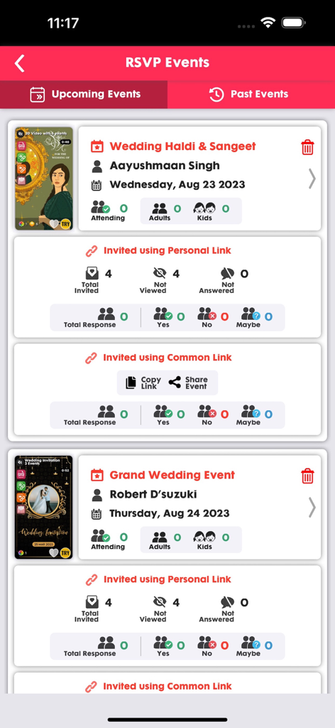 Video Invitation Maker Ecards - 結婚式や文化的なイベントのゲストの応答メトリクスと出席状況を表示するVinviteアプリのRSVP追跡ダッシュボード