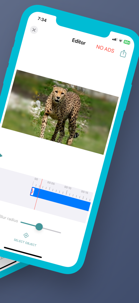 AIでぼかされた背景とフォーカス制御を備えたチーターを示すモバイルビデオエディタインターフェース