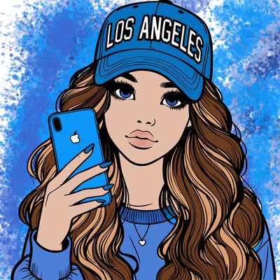 realistic beautiful girl wearing los ángeles cap holding an iphone