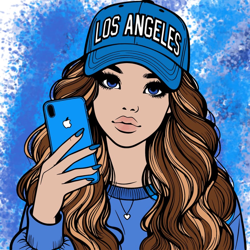 realistic beautiful girl wearing los ángeles cap holding an iphone