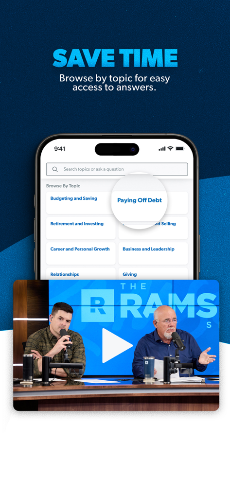Ramsey Network app interface showing financial categories like paying off debt and a video preview of the show.