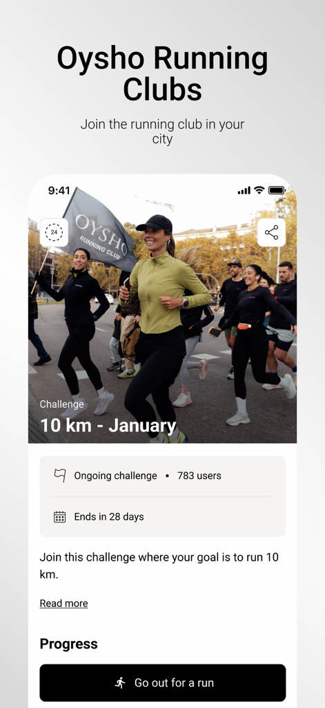 Pantalla de la app Oysho Training mostrando un desafío de carrera de 10 km y la función de club de corredores de la comunidad