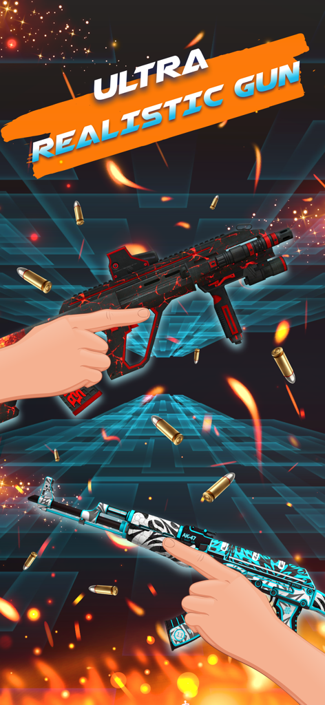 Two hands holding realistic custom gun skins in the Gun Shot Sound simulator app