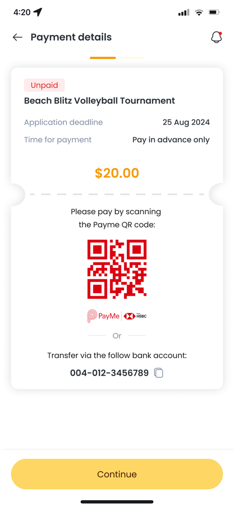 Sports in One - Sports app payment details screen showing a 20 dollar fee and QR code for a volleyball tournament