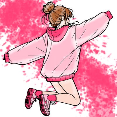 realistic girl jumping with a bun and oversized sweatshirt