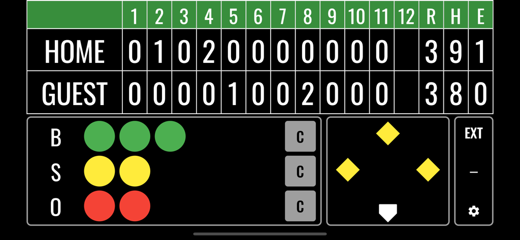 Easy Baseball Scoreboard - Digital baseball scoreboard interface showing inning by inning scores and ball strike out counts