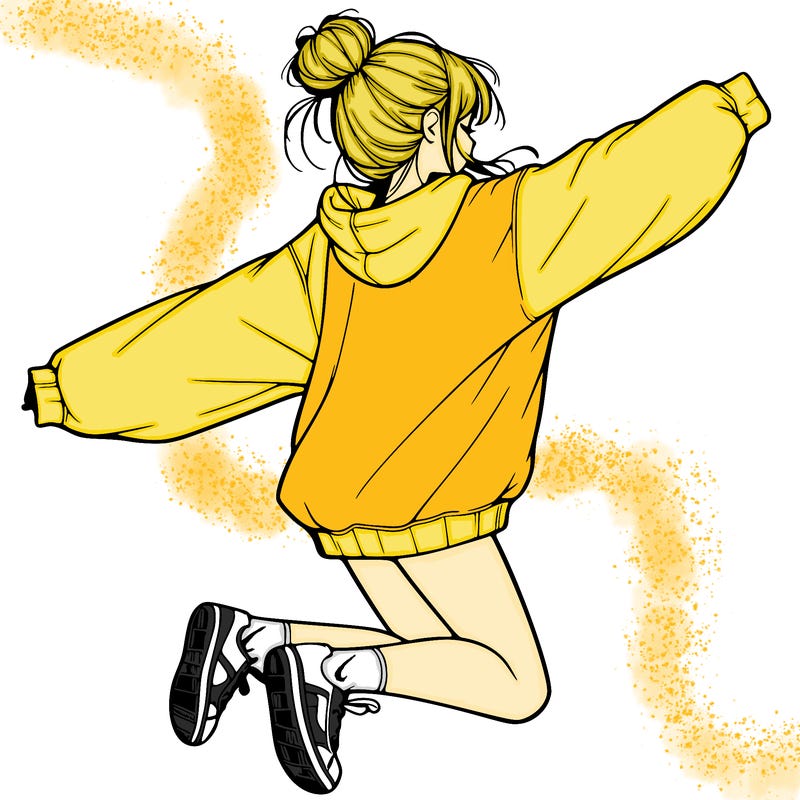 realistic girl jumping with a bun and oversized sweatshirt