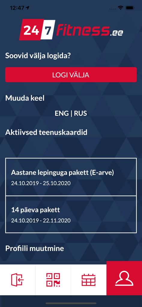Écran de profil utilisateur de l'application 24-7 Fitness montrant les plans d'adhésion actifs et les paramètres du compte.