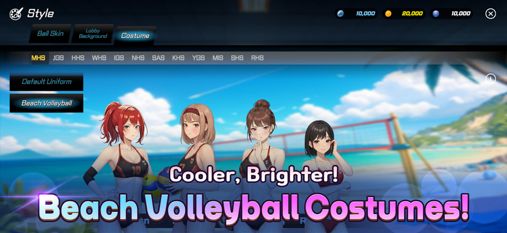 Volley Girls:High School Story - Four anime girls in beach volleyball costumes on a sunny beach background in Volley Girls High School Story