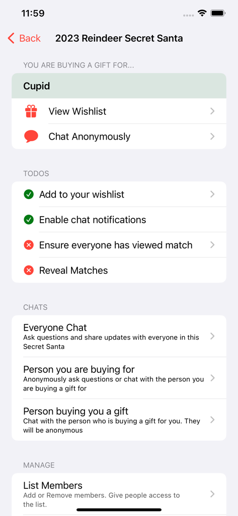 Interface of the Simple Secret Santa Generator app showing gift exchange details and chat options