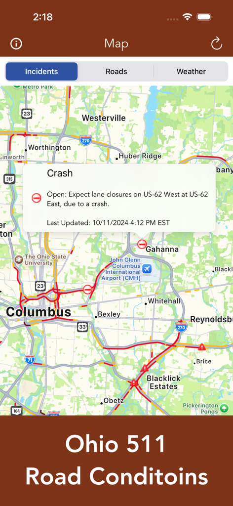 OHGO Ohio 511 Road Conditions - OHGO Ohio 511 app screen showing a traffic crash alert on a map of Columbus