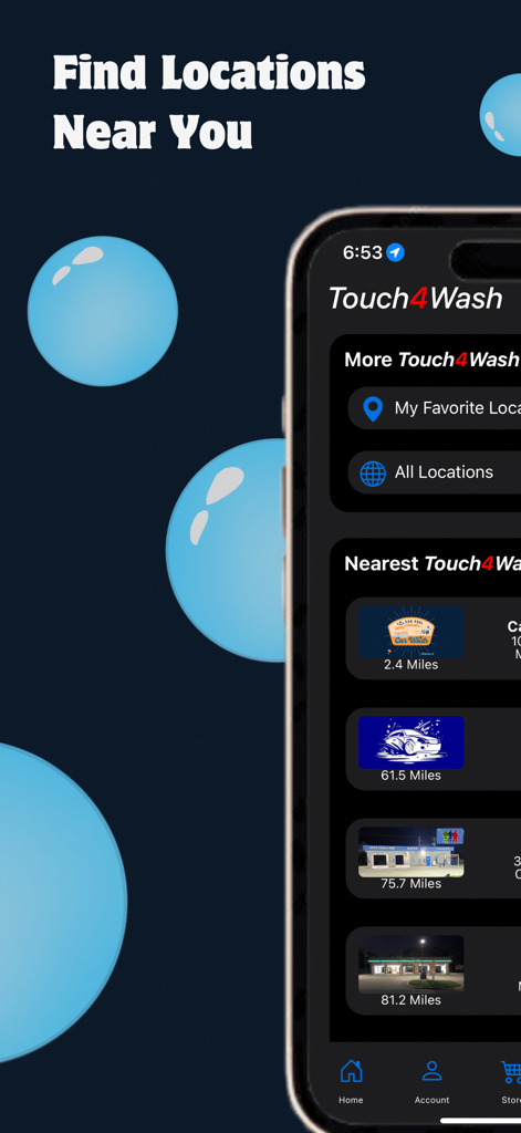 Touch4Wash - Touch4Wash mobile app screen showing nearby car wash locations