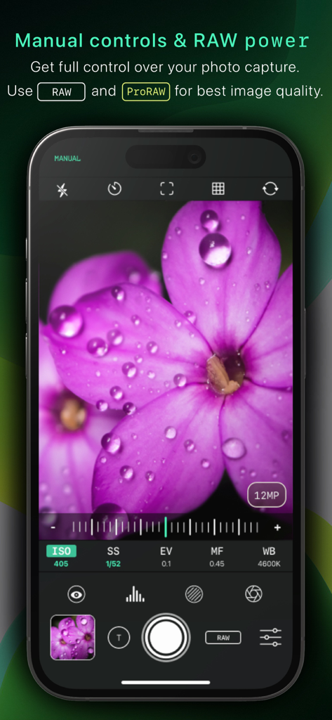 Pro Camera Reeflex app interface showing manual DSLR controls for ISO and shutter speed with a macro shot of a flower