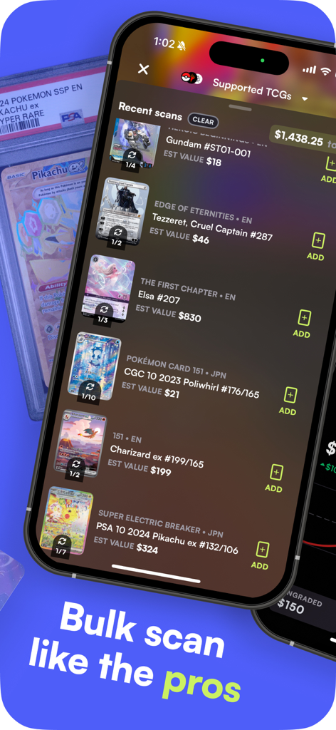 Rare Candy: Scan Pokémon Cards - Rare Candy app screen showing bulk scanned TCG cards and their market values