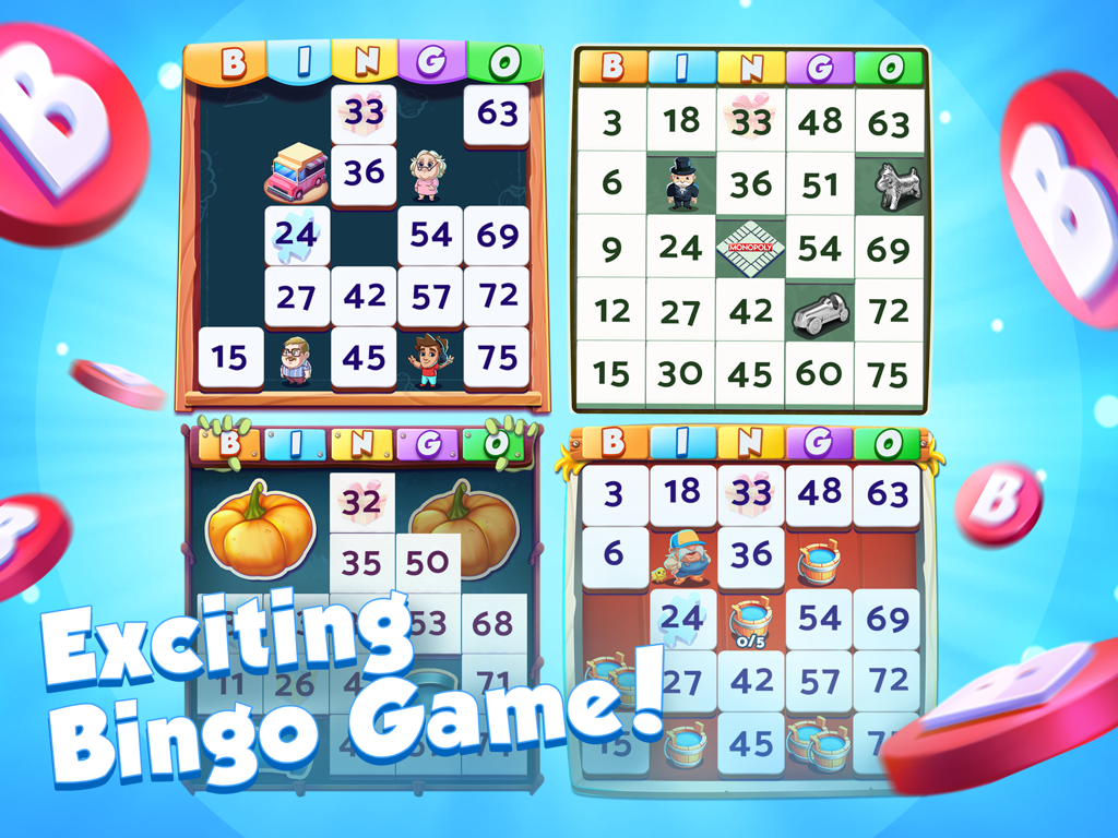 Bingo Bash HD Live Bingo Games - Four colorful themed bingo cards from the Bingo Bash HD live game
