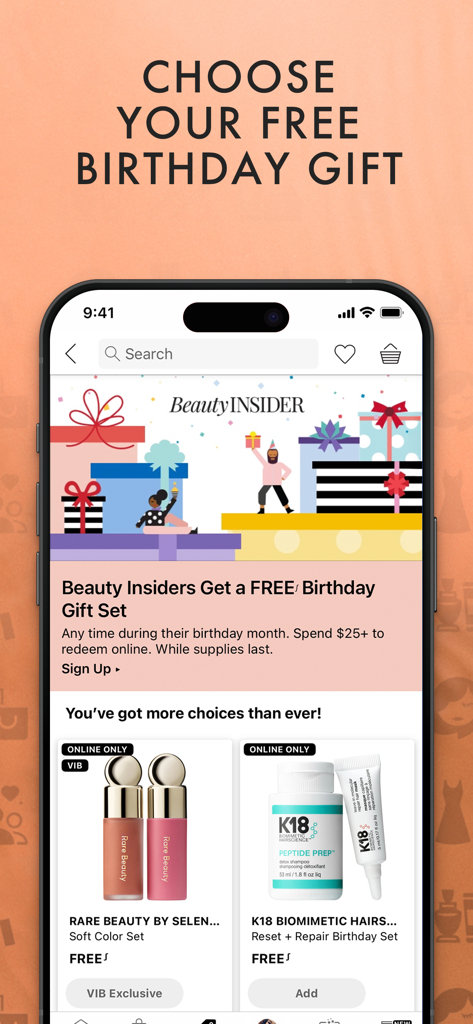 Schermata dell'app Sephora che mostra la pagina di selezione del regalo di compleanno gratuito Beauty Insider con prodotti Rare Beauty e K18.