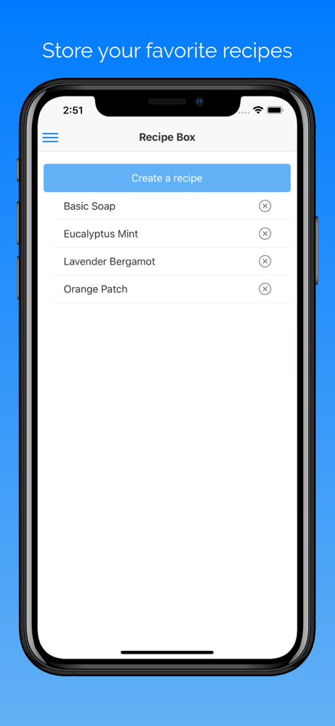 SaponiCalc app recipe box screen displaying a list of handmade soap recipes