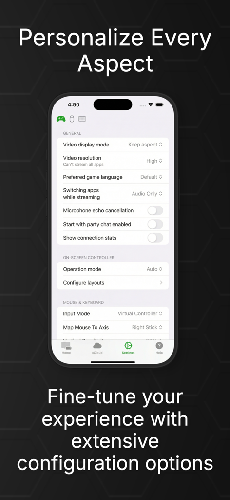 OneCast - Écran des paramètres de l'application OneCast montrant la résolution vidéo et les options de configuration de la manette