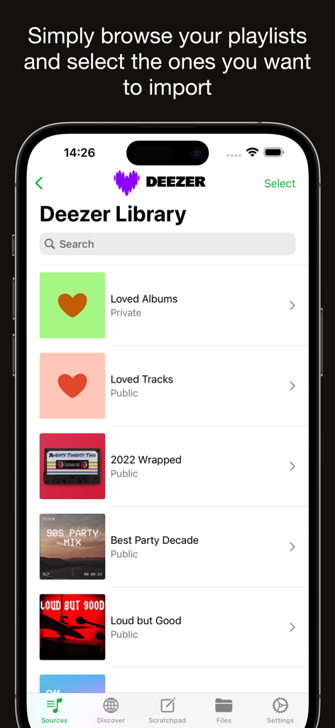 Playlisty app showing Deezer library for importing music to Spotify