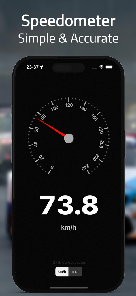 A screenshot of the Coordinates app displaying a precise digital and analog speedometer showing 73.8 kilometers per hour.