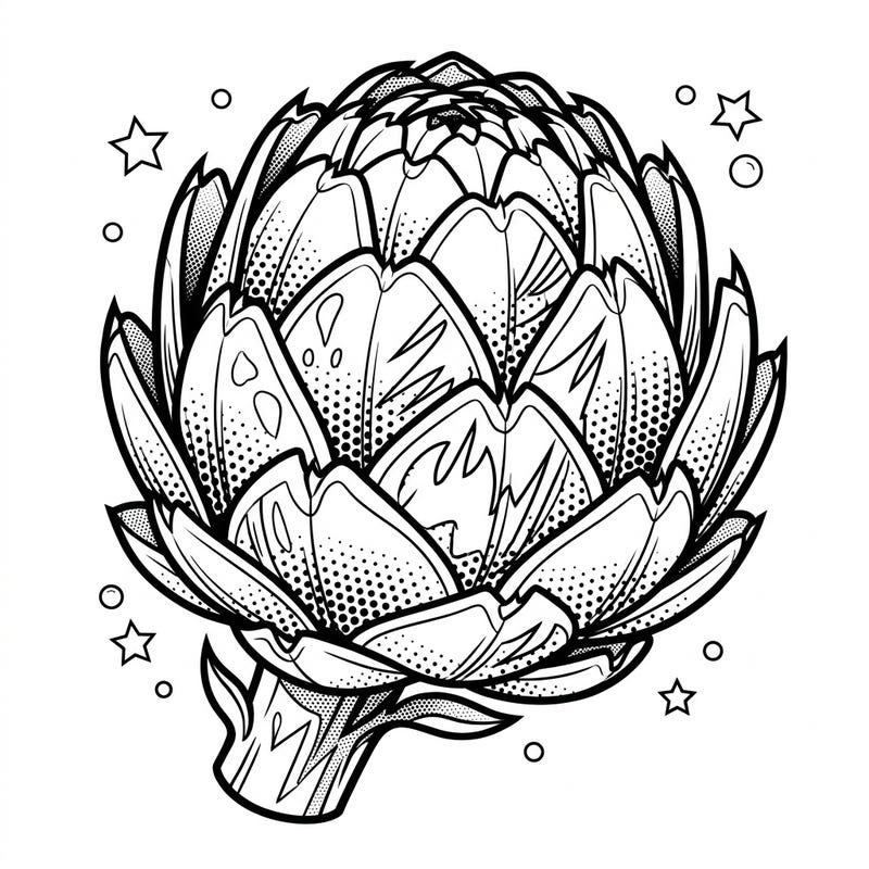 Unleash your creativity with this striking Pop Art artichoke coloring page. Its dynamic comic book aesthetic and intricate details offer a unique and engaging artistic adventure.
